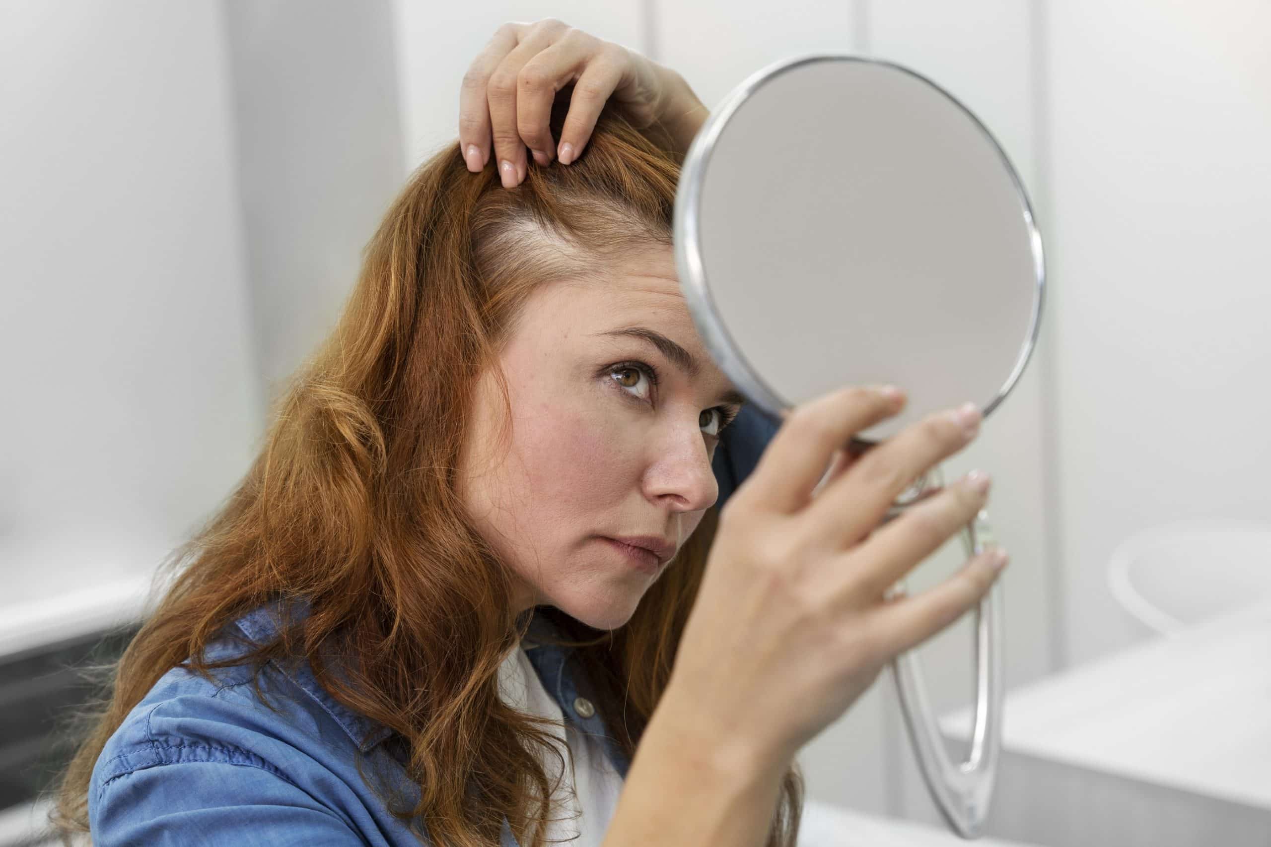 woman checking hair loss hair loss