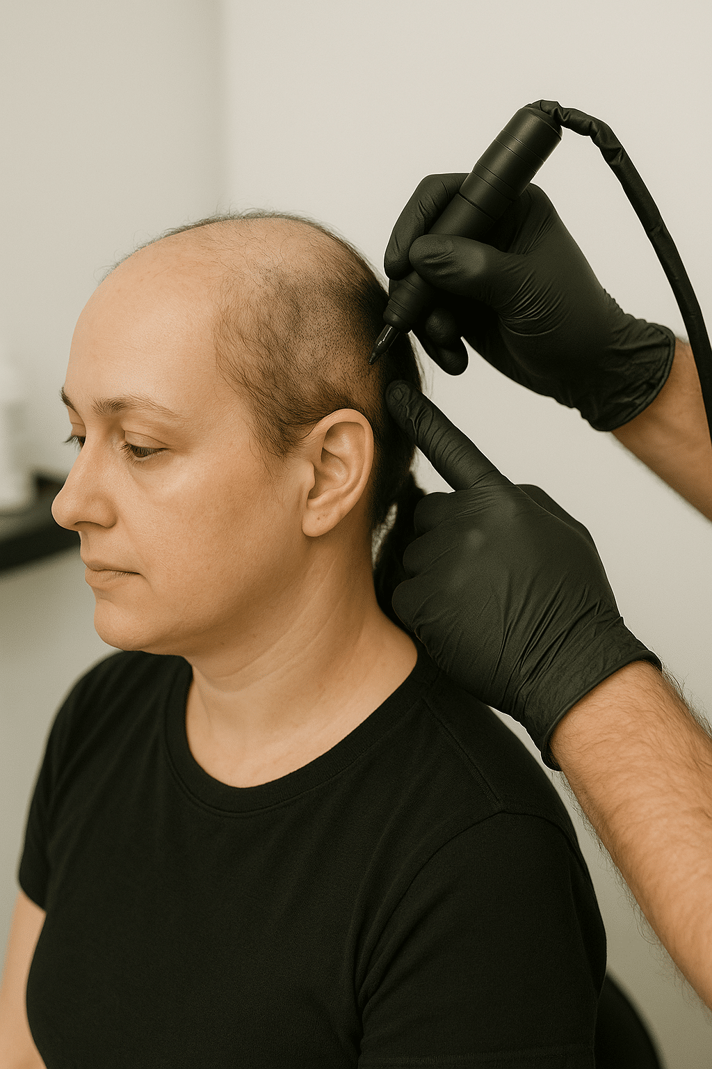 Alopecia getting covered with Scalp Micropigmentation Female alopecia SMP procedure at Scalp Designs