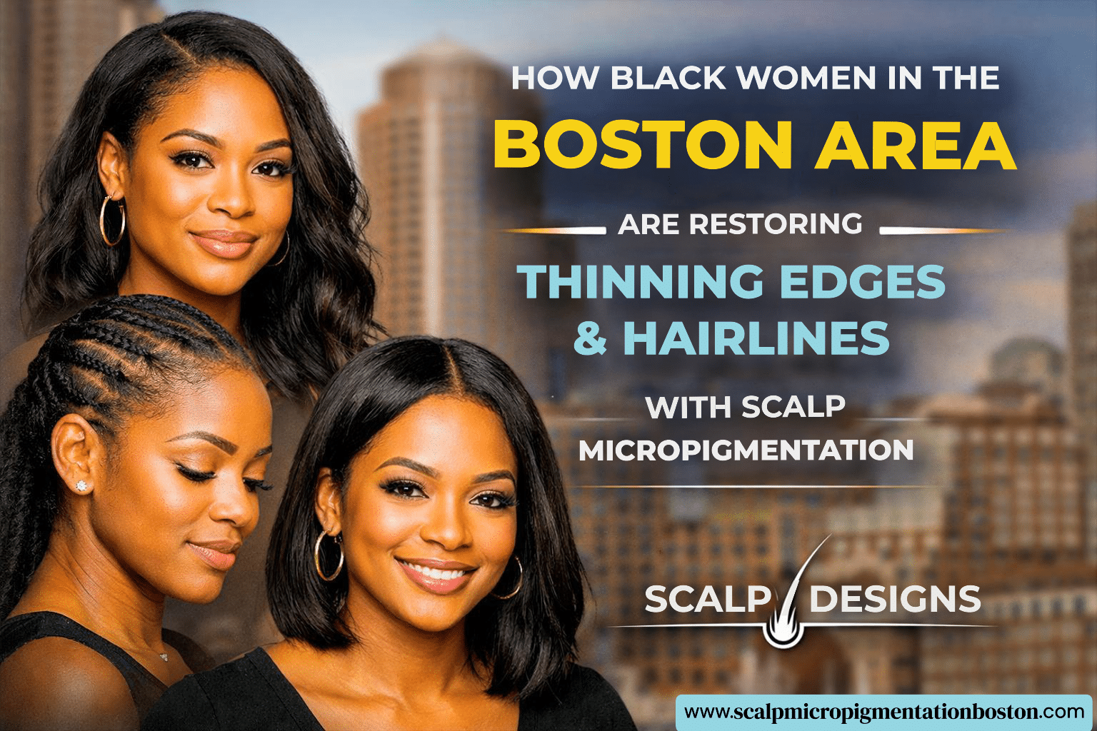 How Black Women in the Boston Area Are Restoring Thinning Edges & Hairlines With SMP Black women in the Boston area restoring thinning edges and hairlines with scalp micropigmentation (SMP) at Scalp Designs.