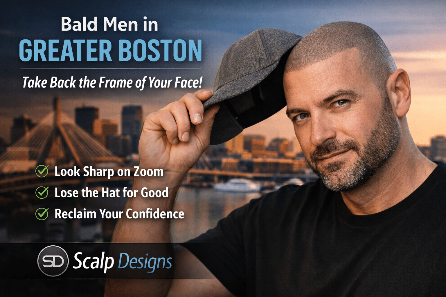 Bald Men in Greater Boston: Take Back the Frame of Your Face (Scalp Designs SMP) Scalp Micropigmentation (SMP) restores the natural look of a hairline and clean buzzed density so you look sharper on Zoom, in photos, at the gym, and everywhere else
