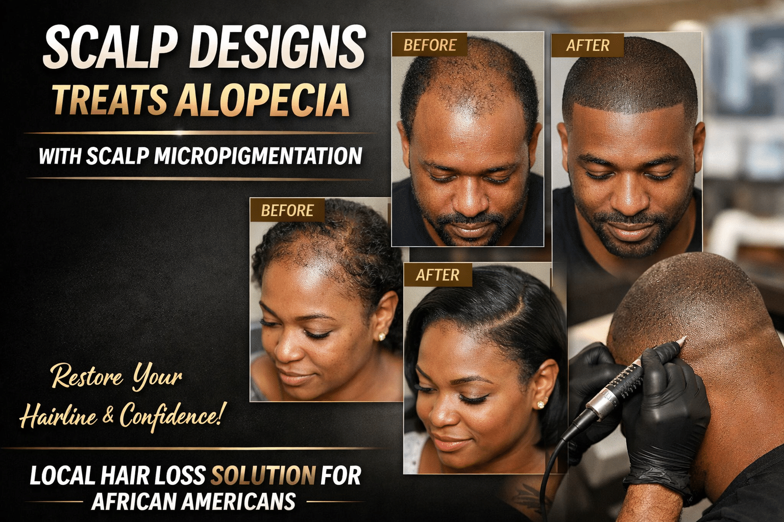 scalp-micropigmentation-alopecia-african-american-boston-scalp-designs.jpg Scalp micropigmentation for alopecia in African American men and women showing before and after hairline restoration by Scalp Designs near Boston