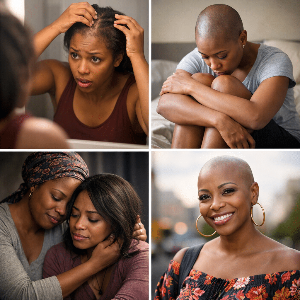 woman with alopecia embracing confidence The emotional impact of hair loss for women of color explores identity, beauty standards, and confidence while highlighting solutions like scalp restoration and community support.