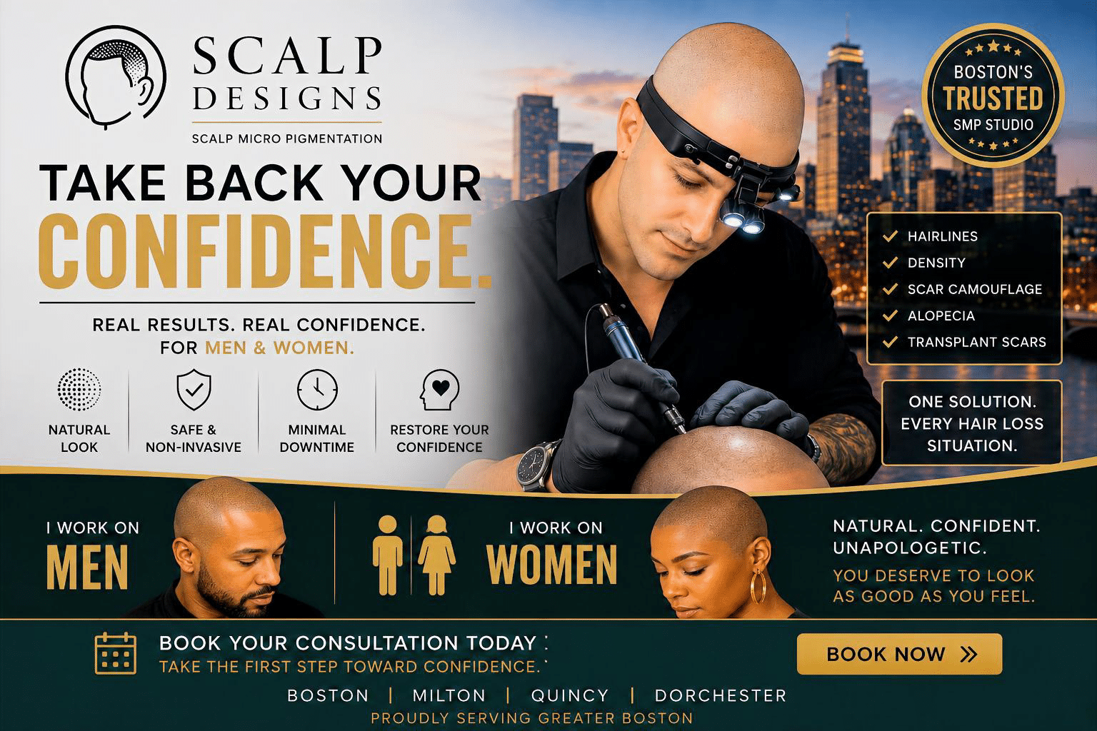 Scalp Designs Boston Scalp Micropigmentation for Men and Women | Book Consultation Scalp Designs Boston scalp micropigmentation banner showing SMP services for men and women with consultation call to action