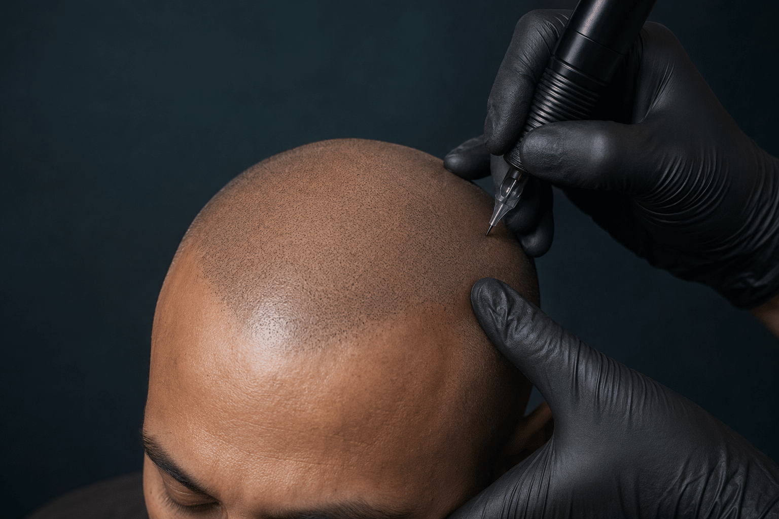 weeks-1-2-fully-healed-scalp-micropigmentation-boston.webp Fully healed scalp micropigmentation results 1 to 2 weeks after treatment showing natural pigment, no redness, and a realistic, shaved head appearance.
