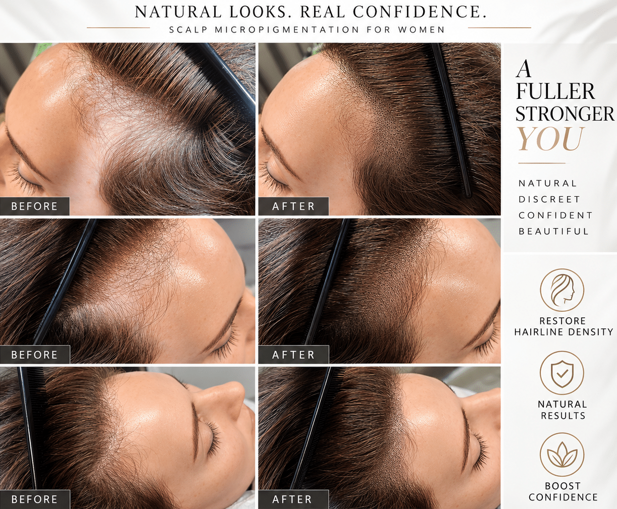 scalp-micropigmentation-for-women-long-hair-density-boston.jpg Scalp micropigmentation for women before and after showing natural hairline density for thinning long hair in Boston.